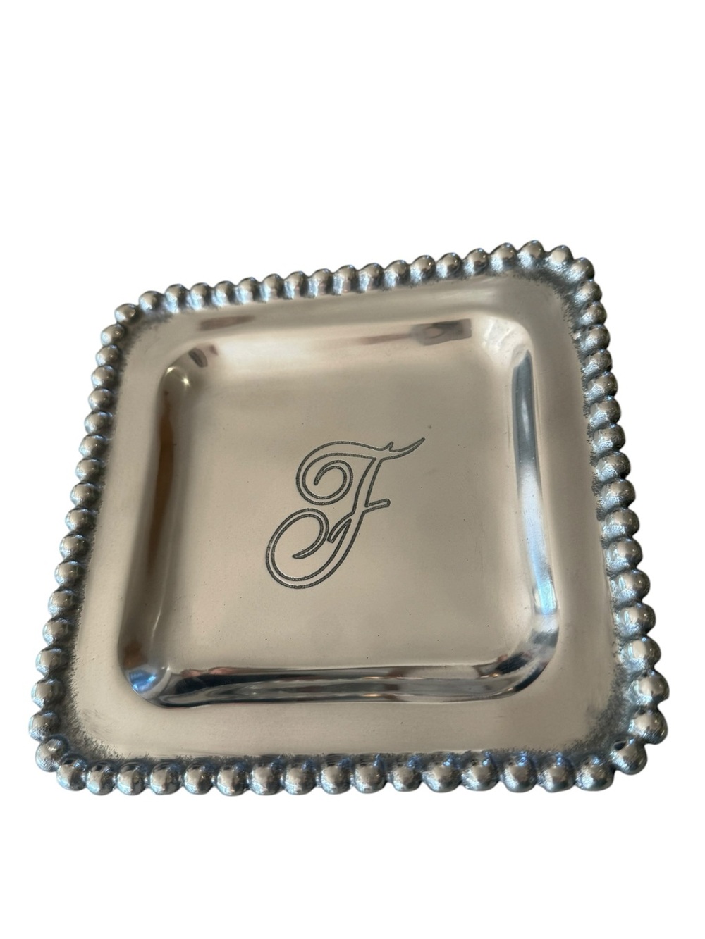 Mud Pie Initial F Silver Metal Trinket Tray Beaded Edge Gift Box